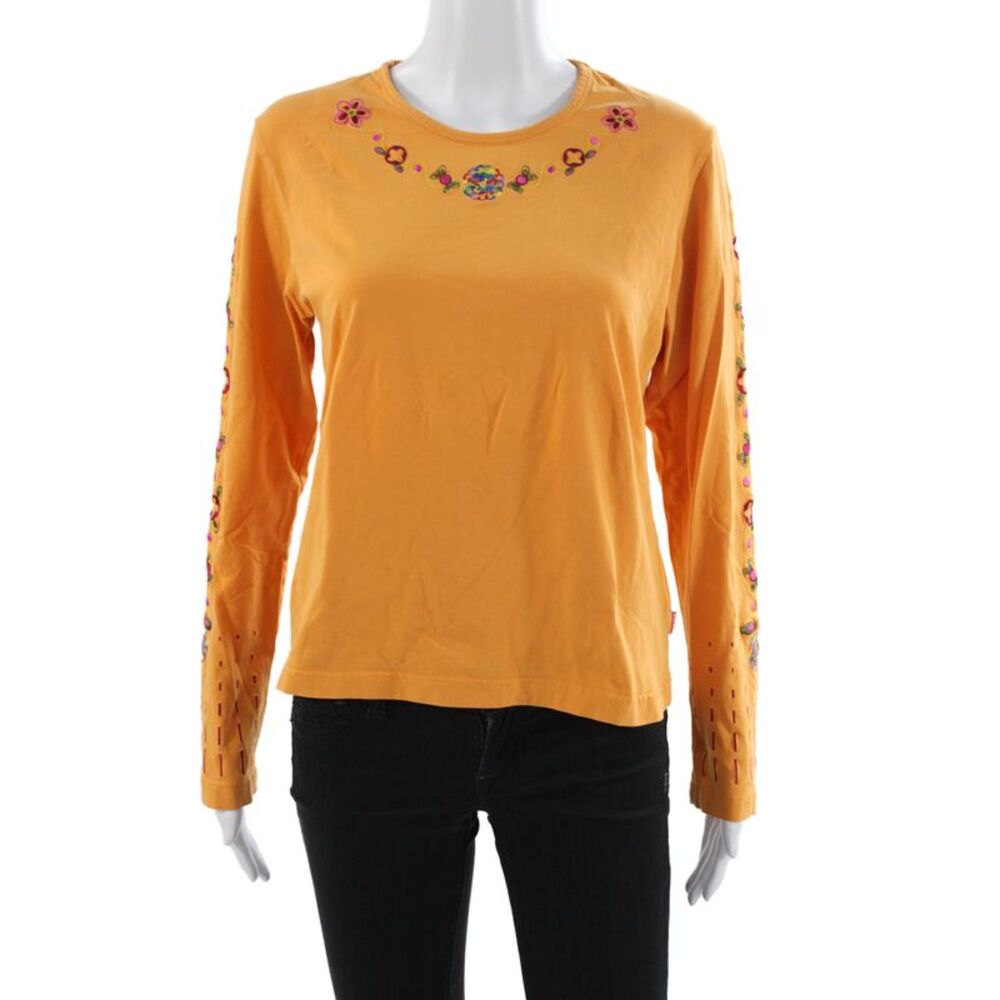 Oilily Womens Orange Floral Jersey T-Shirt Long Sleeve Crew Neck Size XL